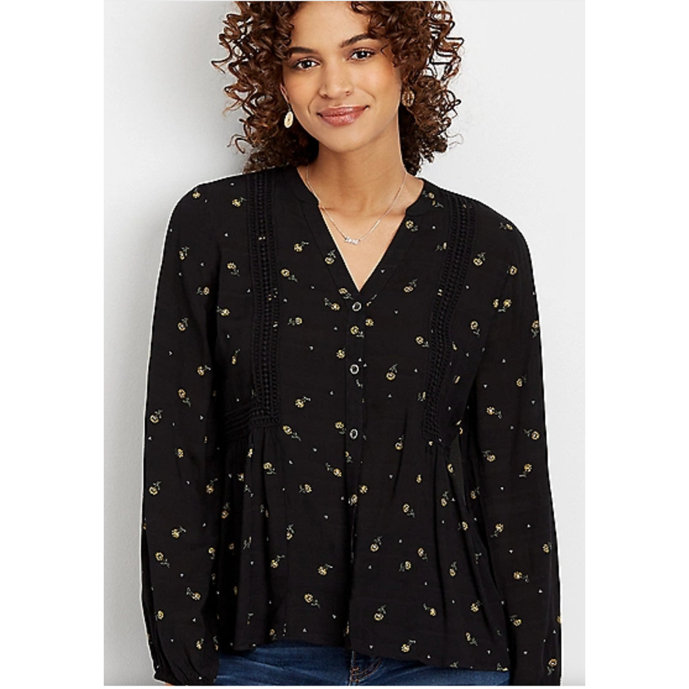 Maurices Women’s Black & Yellow Floral‎ Print Button Front Top Sz XXL linen-feel